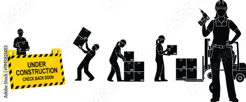 Black silhouettes of construction workers, road rollers, handymen with toolboxes, and warehouse staff,