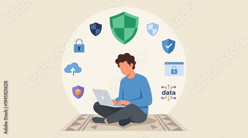 Young Man Using Laptop with Cyber Security Icons Representing Data Protection, Privacy, and Safe Internet Connection Concept - Flat Vector Illustration