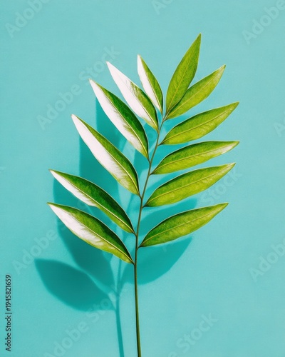 Single green leaf branch casting a shadow on a bright turquoise background, minimal botanical composition with strong sunlight.