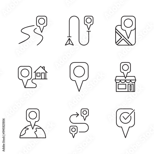 A Collection of Minimalist Black and White Navigation and Location Icons.