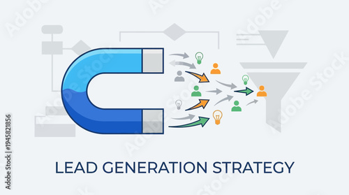 Lead Generation Strategy Concept with Magnet Attracting Customers and Sales Funnel Illustration for Digital Marketing and Business Growth