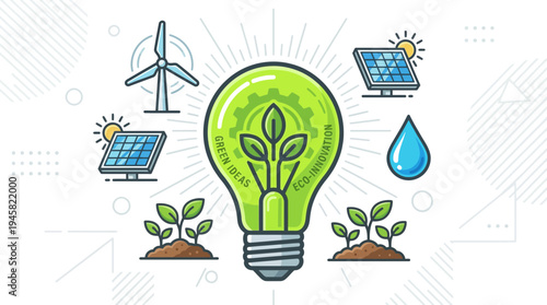 Eco-Innovation and Green Energy Concept Illustration with Light Bulb, Solar Panels, Wind Turbine, and Sustainable Growth Icons