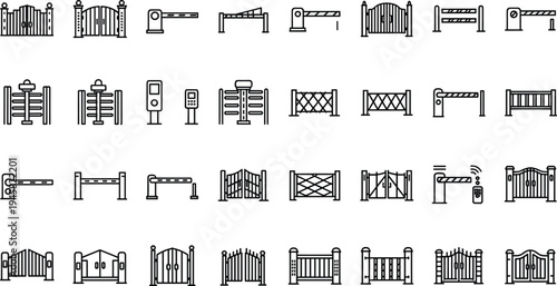 Barrier gate and security fence icon set including automatic gate, parking barrier, access control systems and entrance security line vector collection