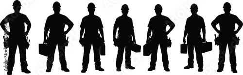 Black silhouettes of construction workers, road rollers, and professional handymen with toolboxes,