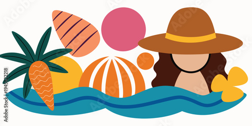 Woman wearing summer hat and sunglasses with palm tree, sun, and abstract beach elements