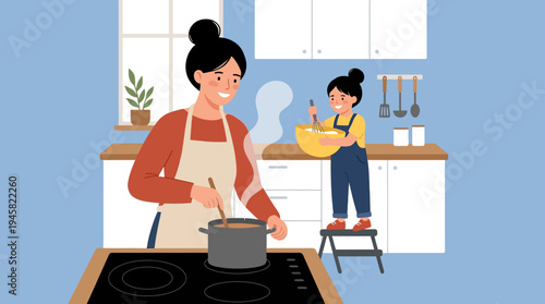 Happy Mother and Young Daughter Cooking Together in a Modern Kitchen, Flat Vector Illustration of Family Bonding, Healthy Lifestyle, and Culinary Education