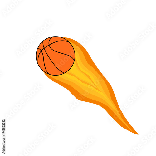 Vector illustration of a basketball blazing with orange and yellow flame. Fireball. Basketball with fire kick. Basketball design. Basketball sport 

