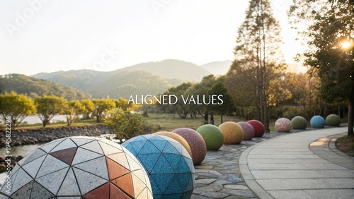 Colorful geometric spheres on pathway in scenic park landscape