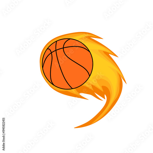Vector illustration of a basketball blazing with orange and yellow flame. Fireball. Basketball with fire kick. Basketball design. Basketball sport 
