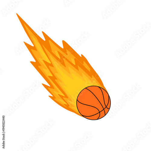 Vector illustration of a basketball blazing with orange and yellow flame. Fireball. Basketball with fire kick. Basketball design. Basketball sport 

