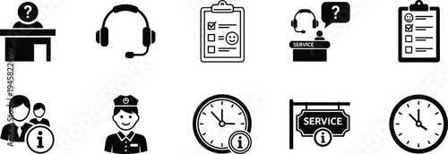 Customer service icons, communication support assistance, feedback survey information desk guidance operational hours business connection accessibility satisfaction
