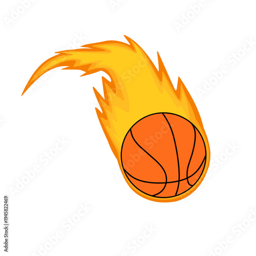 Vector illustration of a basketball blazing with orange and yellow flame. Fireball. Basketball with fire kick. Basketball design. Basketball sport 
