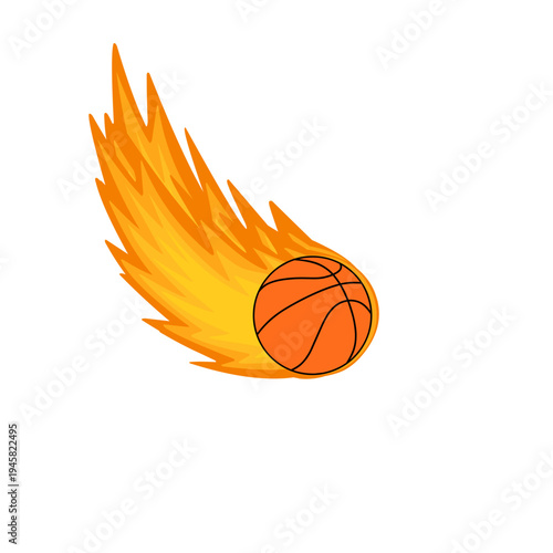 Vector illustration of a basketball blazing with orange and yellow flame. Fireball. Basketball with fire kick. Basketball design. Basketball sport 
