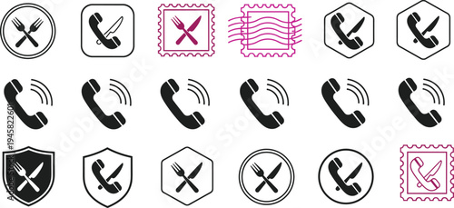 Food delivery and restaurant service icon set featuring telephone, fork and knife symbols for ordering, catering, and food support services. (22 words)
