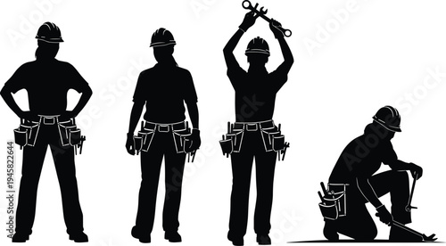 Black silhouettes of construction workers, road rollers, and professional handymen with toolboxes,