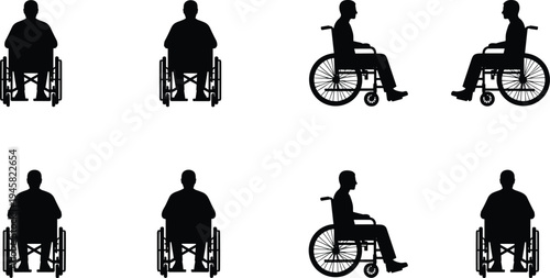 People sitting in wheelchairs silhouettes set, disabled men and women in various positions including front and side profile, accessibility vector illustration.
