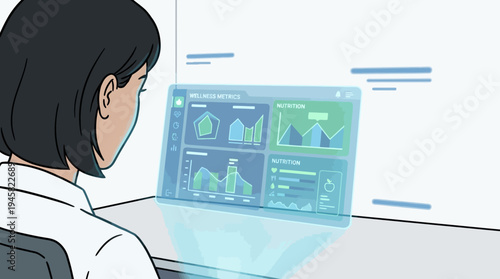 Woman analyzing a futuristic health and nutrition dashboard with personal wellness metrics and data visualization on a holographic digital screen