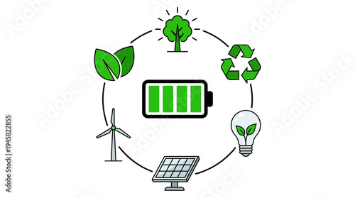 Sustainable Energy Concept with Circular Icons of Solar Power, Wind Turbine, Recycling, and Lightbulb Around a Fully Charged Battery Symbol, Green Environment Flat Illustration
