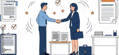 Business agreement handshake concept with contract signing partners making deal office documents partnership collaboration vector illustration