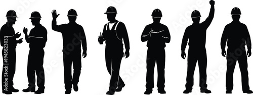Black silhouettes of construction workers, road rollers, and professional handymen with toolboxes, representing industrial labor, infrastructure building, and home repair.
