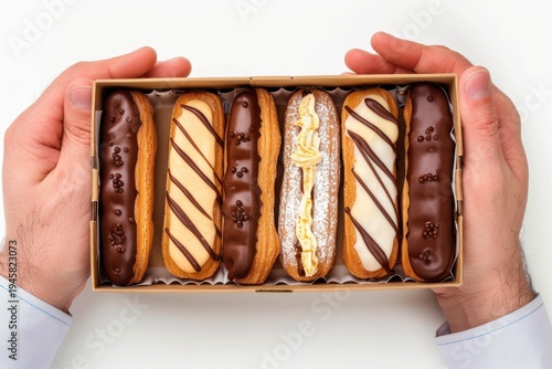 Man Holding a Eclairs Box from Above on a White Background