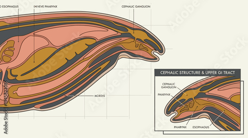 Anatomical Diagram of Cephalic Structure and Upper Gastrointestinal Tract, Scientific Cross-Section Illustration of Pharynx and Esophagus