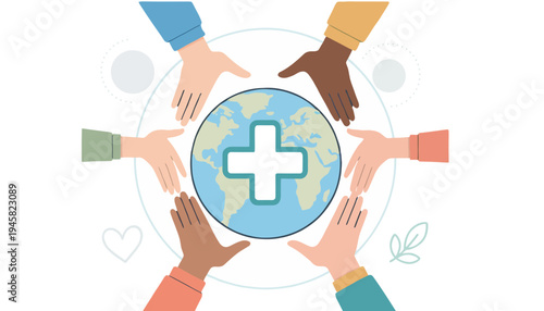 Diverse hands protect globe with medical cross on World Health Day