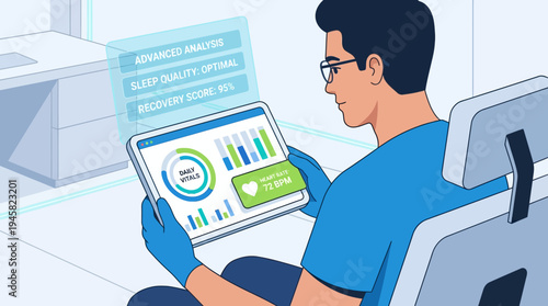 Medical Professional Analyzing Digital Health Data on Tablet Illustration. Modern healthcare technology concept featuring patient vitals, sleep quality, and recovery tracking.