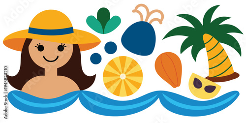 Woman in straw hat by ocean with tropical elements, beach items, and exotic fruits