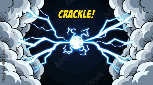 Comic Book Style Blue Electric Lightning Blast with Crackle Text, Energy Core and Storm Clouds Illustration