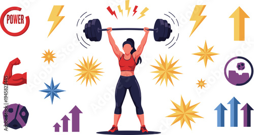 Strong woman lifting barbell with power energy symbols fitness motivation strength training workout concept vector illustration