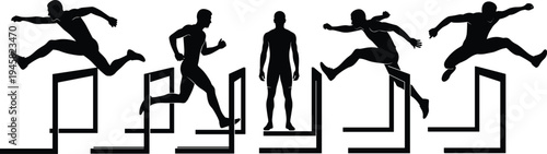 Athlete hurdler silhouettes jumping over obstacles showing track and field running motion sequence isolated for sport competition concept