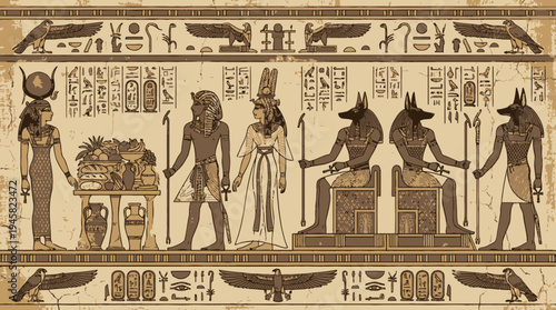 Ancient Egyptian Wall Art Scene with Pharaoh, Goddesses, and Anubis Offering Ritual - Hieroglyphic Papyrus Background