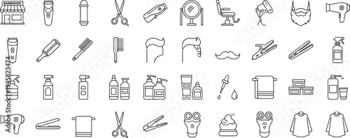 Barbershop and grooming line icons collection featuring barber tools, shaving equipment, hair styling accessories and professional salon service concept