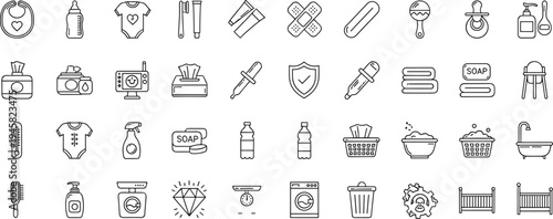 Baby care and hygiene line icons collection featuring diapers, bottles, soap, bath, laundry and childcare accessories for parenting concept