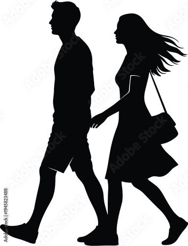Young couple walking together silhouette, man and woman in casual summer clothing strolling outdoors, romantic date and lifestyle vector illustration.