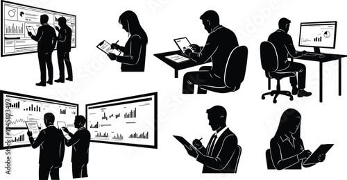 Business analytics team silhouettes using dashboards, tablets and laptops for data analysis, reporting, collaboration and digital strategy planning in modern office environment