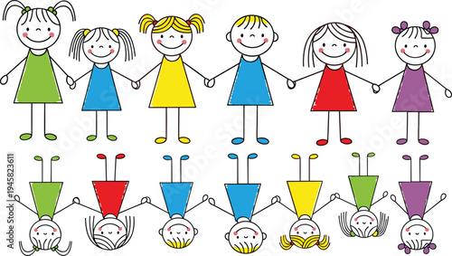 Cute cartoon children holding hands illustration showing happy kids friendship, teamwork and playful childhood characters isolated for education concept