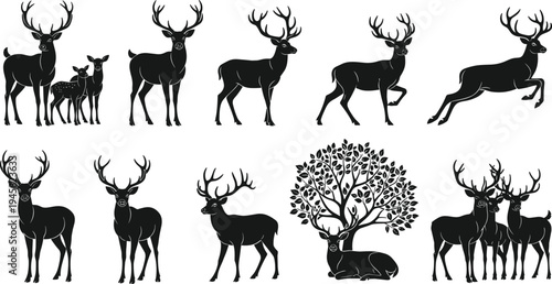 Deer and stag silhouettes collection featuring forest wildlife animals in different poses isolated for nature, hunting and woodland concept