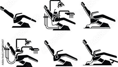 Dentist chair and dental treatment line icons set showing patient examination positions, dental equipment and oral healthcare clinic concept