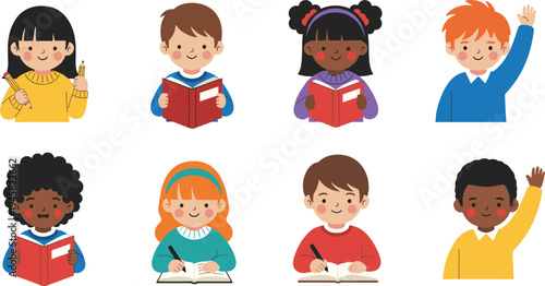 Diverse school children reading books and studying illustration set showing happy kids learning, writing and raising hands in classroom