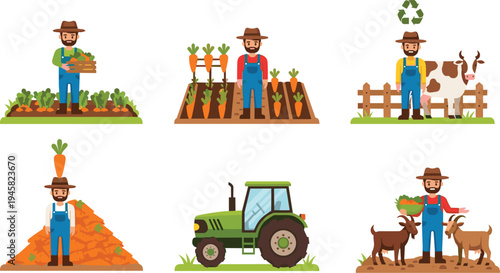 Farmer agriculture illustrations set showing vegetable harvesting, livestock farming, tractor and organic crop cultivation for rural farming concept
