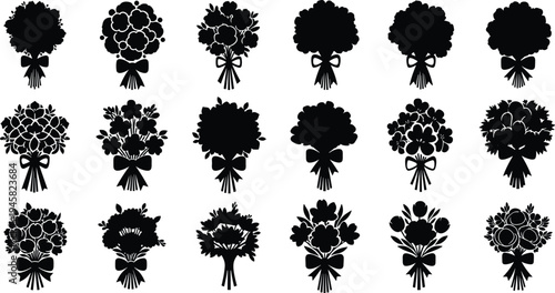 Flower bouquet silhouettes collection featuring decorative floral arrangements isolated for wedding, celebration, romantic gift and botanical design concept