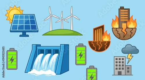 Renewable Energy vs Climate Change Concept Illustration with Solar Panels, Wind Turbines, Hydroelectric Dam, and Environmental Disaster Icons