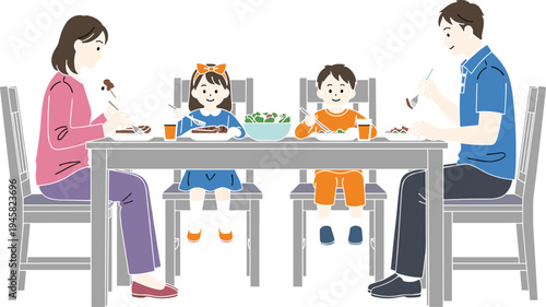 Happy family eating dinner together at dining table with parents and children enjoying healthy meal and bonding time at home