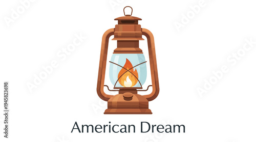 Vintage Copper Kerosene Lantern Illustration with American Dream Typography on White Background - Retro Oil Lamp Design