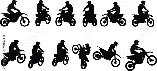 Motocross rider silhouettes performing dirt bike stunts and riding poses collection isolated for extreme sport, racing and motorcycle action concept