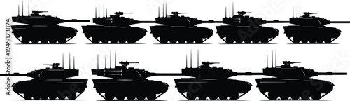 Military battle tank silhouettes collection featuring armored combat vehicles with cannons and antennas isolated for army defense and warfare concept
