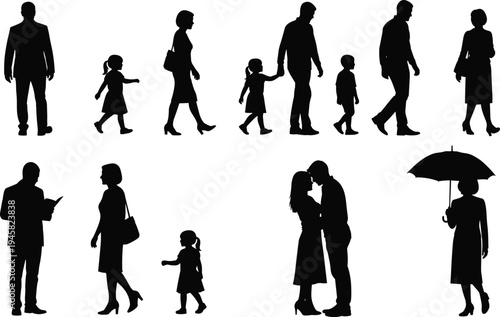 People and family walking silhouettes collection showing men, women and children in everyday lifestyle activities isolated for human behavior concept
