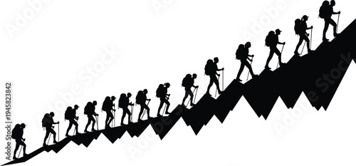 Silhouette hikers climbing upward arrow mountain symbolizing growth, success, teamwork, leadership journey, goal achievement and progress in business or life